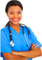 smiling caregiver with a stethoscope